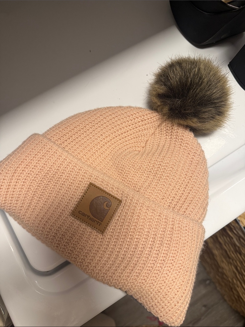Carhartt Women's Blush Pink Knit Beanie with Faux Fur Pom